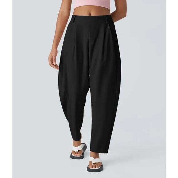 Halara Pants Womens Large Black Barrel Mid Rise Pockets Stretch Pullon Work - Picture 1 of 14